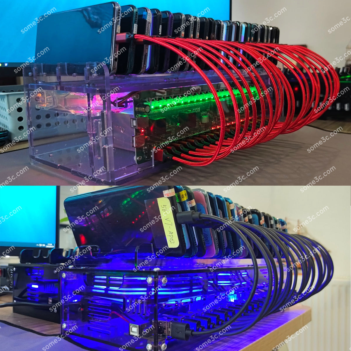 Teléfono móvil acrílico RGB con 20 puertos USB, cargador, HUB, chasis, granja, control de grupo de teléfonos inteligentes, conexión USB, accesorios para agricultura